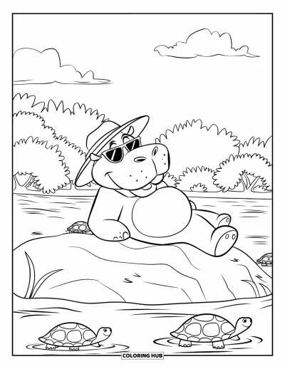 Coloriage d'hippopotame pour enfants : Un hippopotame prenant un bain de soleil avec un chapeau de paille se détend sur un rocher près des tortues et des arbres