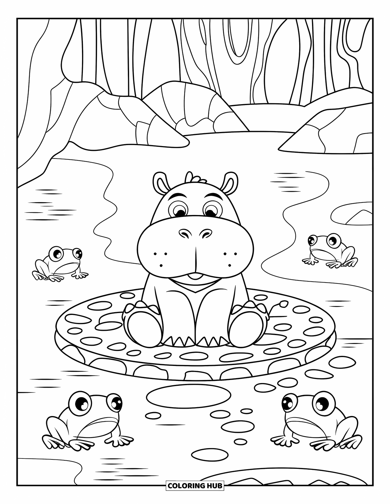 Disegno di ippopotamo da colorare per bambini: Un ippopotamo sciamano della palude siede in un cerchio di pietre con rane e una foresta nebbiosa