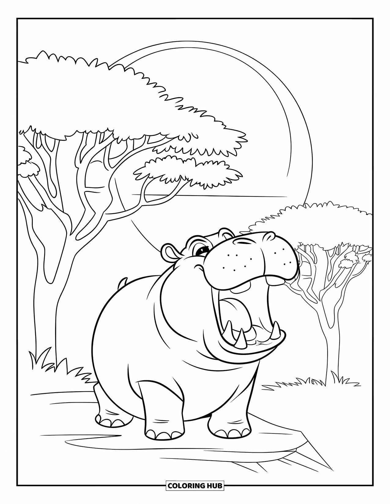 Disegno di ippopotamo da colorare per bambini: Un ippopotamo che sbadiglia siede sotto un cielo al tramonto con alti alberi di acacia intorno