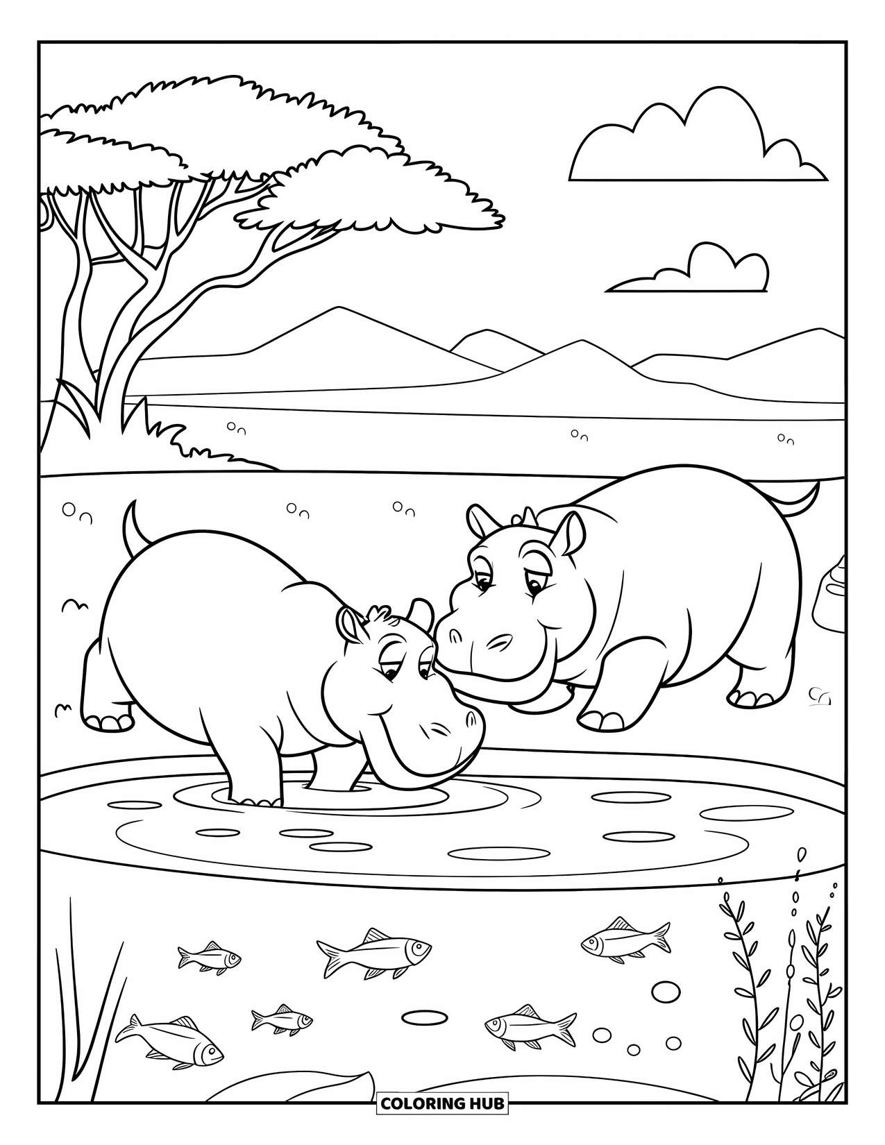 Disegno di ippopotamo da colorare per bambini: Due ippopotami felici giocano vicino a una pozza d'acqua con alberi e montagne in lontananza