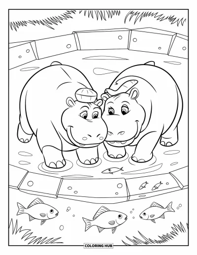 Coloriage d'hippopotame pour enfants : Deux hippopotames portant des chapeaux se tiennent la main et jouent près d'un point d'eau rempli de poissons