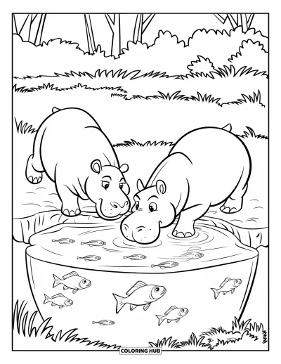 Coloriage d'hippopotame pour enfants : Deux hippopotames joueurs s'ébattent près du point d'eau avec des poissons qui nagent en dessous