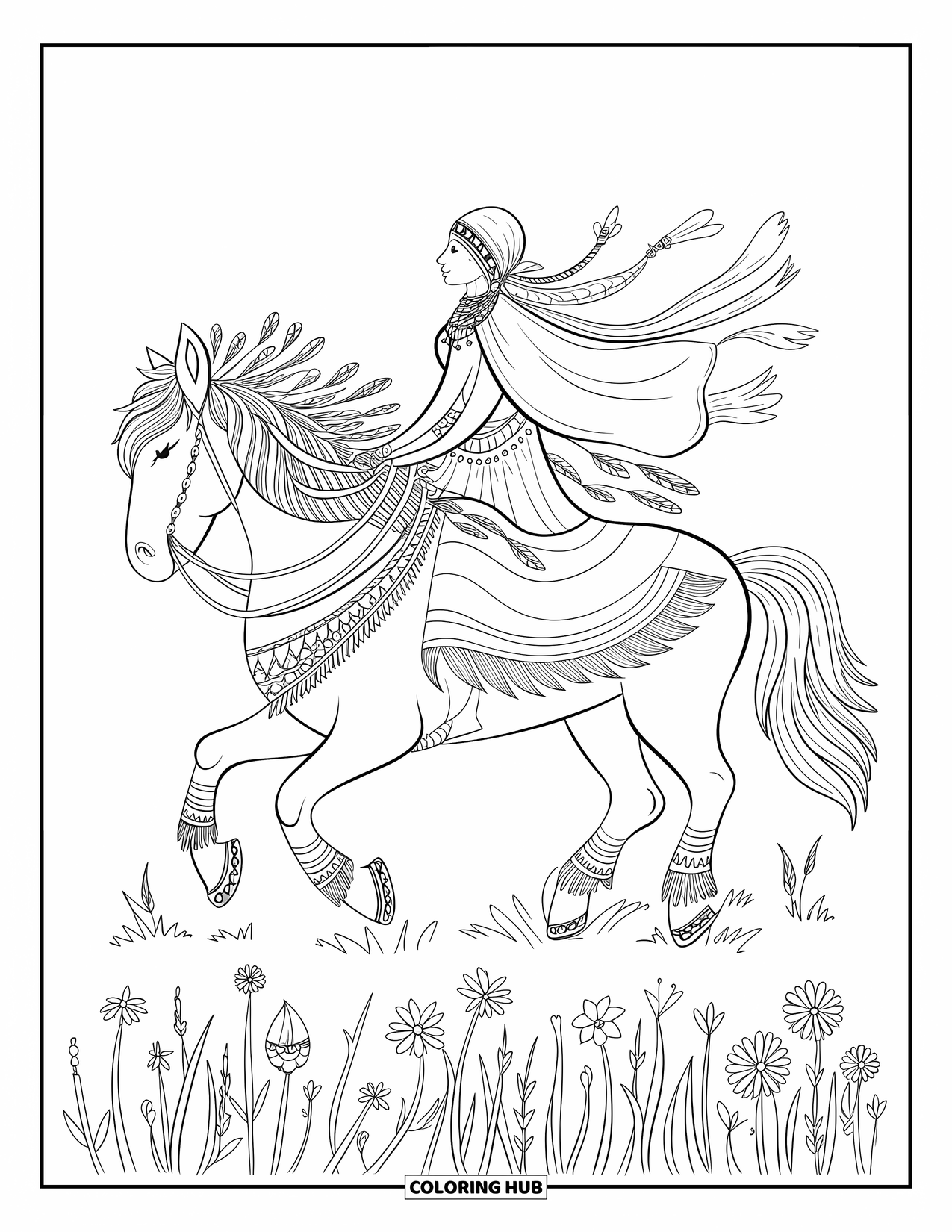 Paardenkleurplaat voor volwassenen: Een bohemien reiziger te paard rijdt vrij door een veld met wilde bloemen