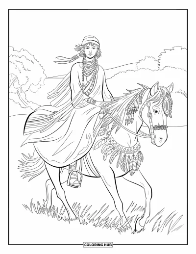 Coloriage de cheval pour adultes : Une voyageuse bohème à cheval traverse des champs avec des plumes dans la crinière du cheval