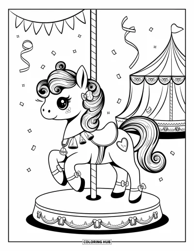 Coloriage de cheval pour adultes : Un poney de carrousel avec nœuds et rubans se tient devant une tente de fête foraine