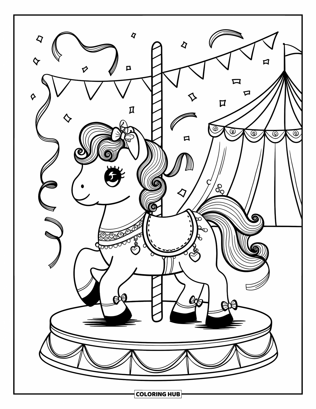 Paarden Kleurplaat voor Volwassenen: Een carrouselpony met strikken op zijn manen staat op een chique platform