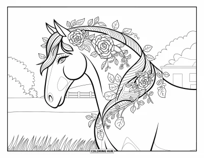 Coloriage de cheval pour adultes : Un cheval floral avec des roses et des lianes dans la crinière se tient dans un pré herbeux
