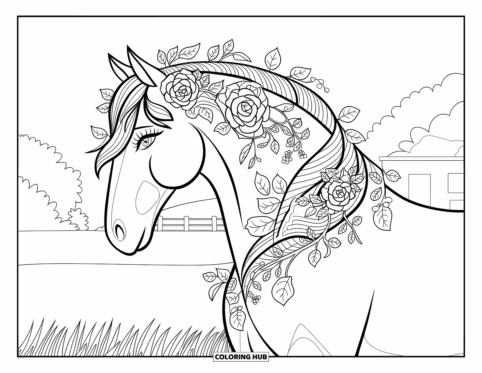 Paardenkleurplaat voor volwassenen: Een bloemenpaard met rozen en wijnranken in zijn manen staat op een grasveld