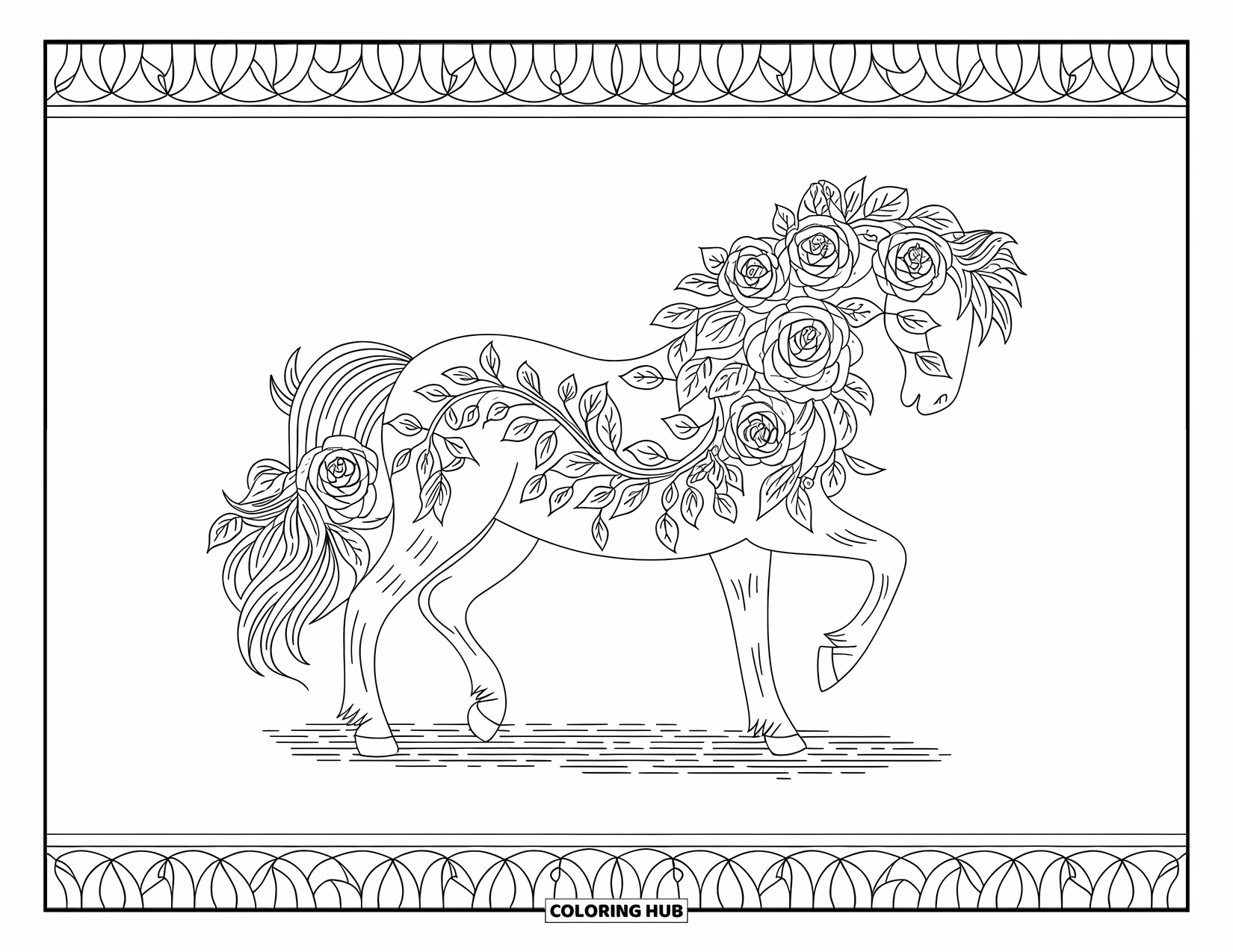 Paardenkleurplaat voor volwassenen: Een bloemenpaard met wijnranken en rozen in zijn manen staat onder een heldere hemel