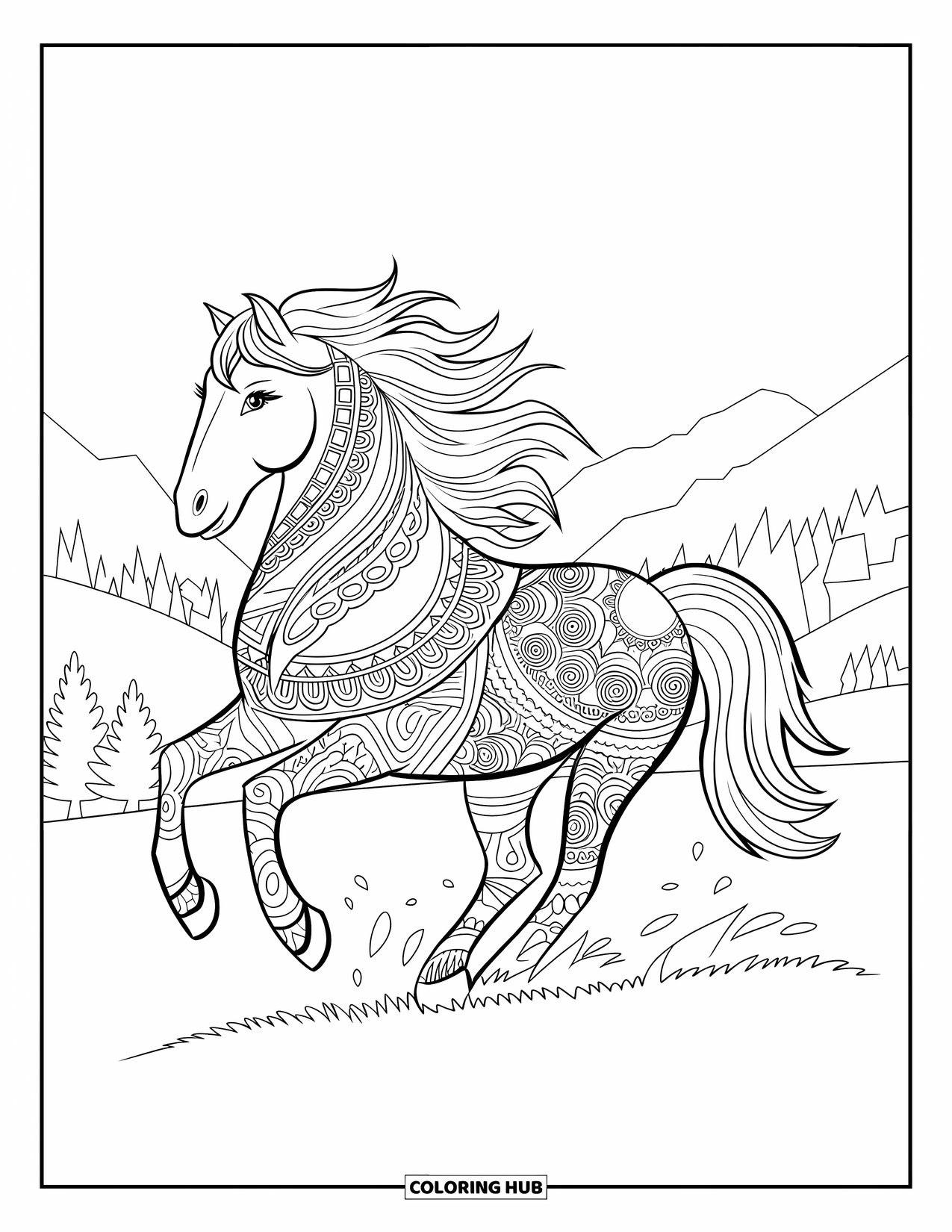 Paardenkleurplaat voor volwassenen: Een galopperend paard met mandala-patronen rent door een landschap met bergen