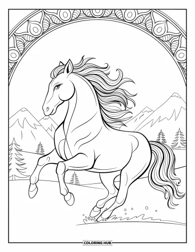 Coloriage de cheval pour adultes : Un cheval au galop avec des motifs tourbillonnants court près de montagnes et d'arbres