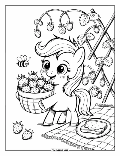 Coloriage de cheval pour adultes : Un poney heureux tient un panier rempli de fraises pendant qu'une abeille bourdonne