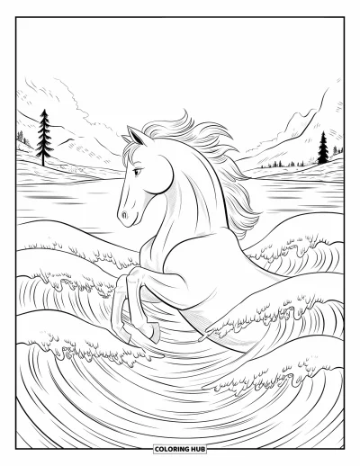 Coloriage de cheval pour adultes : Un cheval émerge des vagues de l'océan, sa crinière se mêlant à l'eau
