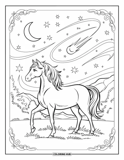 Coloriage de cheval pour adultes : Un cheval se tient sur l'herbe sous un ciel rempli d'étoiles, d'une lune et d'une comète
