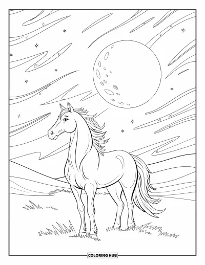 Coloriage de cheval pour adultes : Un cheval se tient sous un ciel au clair de lune avec des motifs célestes et des collines ondulantes