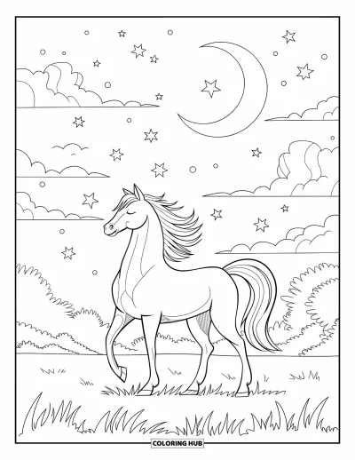 Coloriage de cheval pour adultes : Un cheval se tient sous un ciel au clair de lune avec des étoiles et des motifs spiralés