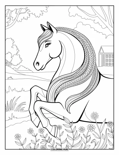 Coloriage de cheval pour adultes : Un cheval à la crinière tressée se tient dans un paysage paisible avec des arbres