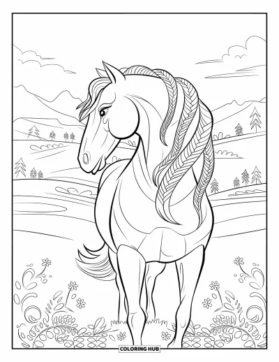 Coloriage de cheval pour adultes : Un cheval à la crinière tressée se tient dans un champ entouré de motifs floraux