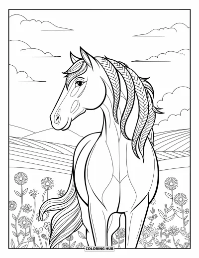 Coloriage de cheval pour adultes : Un cheval à la crinière tressée se tient dans un champ avec des motifs floraux et des collines