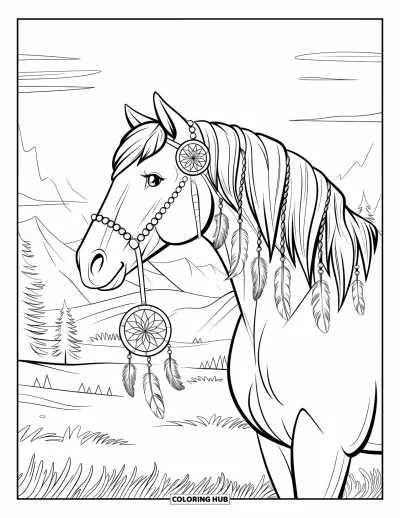 Coloriage de cheval pour adultes : Un cheval avec une crinière inspirée des attrape-rêves se tient parmi des montagnes et des arbres