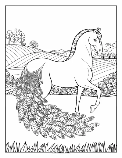 Coloriage de cheval pour adultes : Un cheval avec une queue aux motifs de paon se tient dans un champ aux collines douces