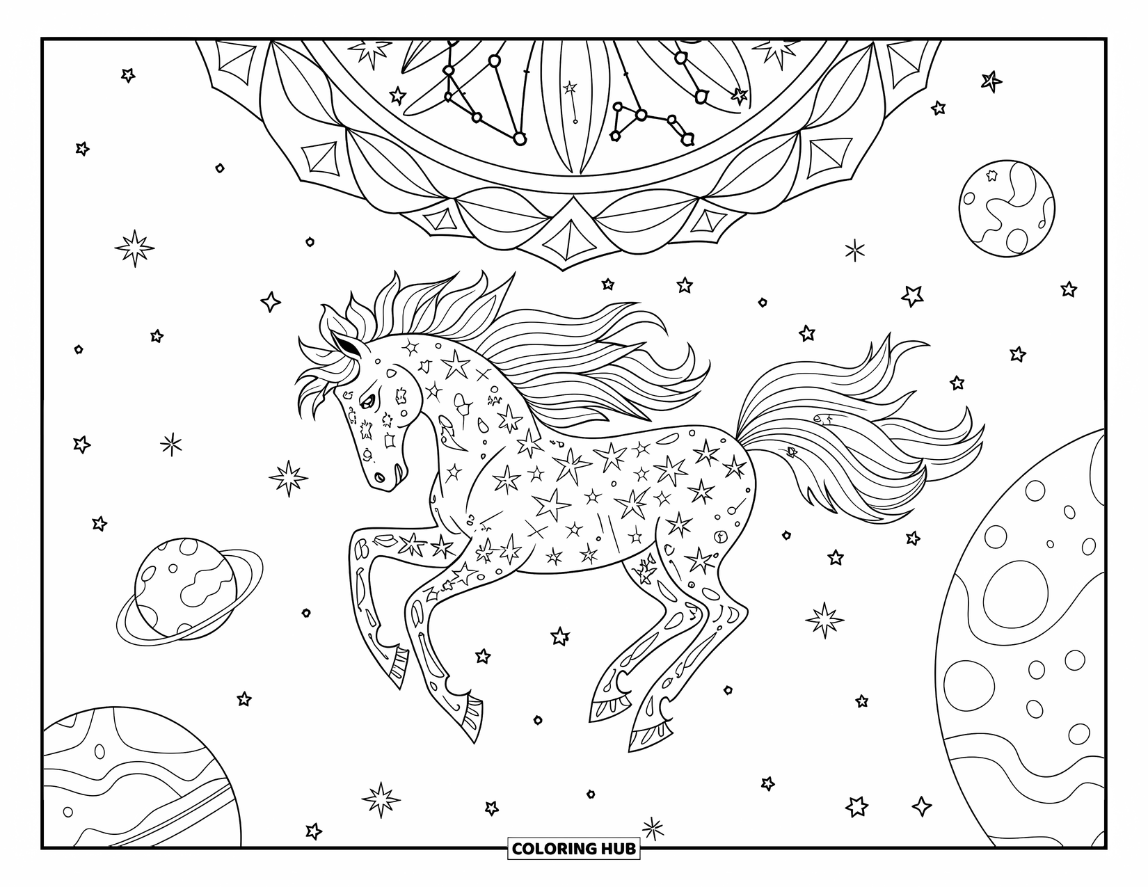 Paardenkleurplaat voor volwassenen: Een paard met een sterrenaura zweeft tussen planeten en vallende sterren