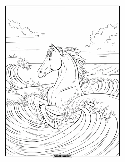 Coloriage de cheval pour adultes : Un cheval à la crinière mouillée sort des vagues sous un ciel couvert