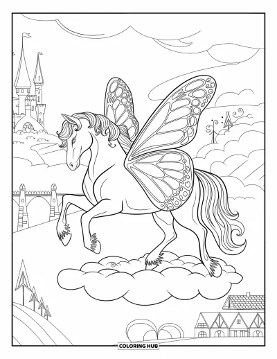 Coloriage de cheval pour adultes : Un cheval aux ailes de papillon se tient sur un nuage dans un paysage fantastique