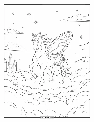 Coloriage de cheval pour adultes : Un cheval aux ailes de papillon se tient sur des nuages entouré d'étoiles