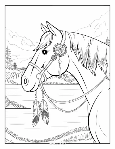 Coloriage de cheval pour adultes : Un cheval aux motifs attrape-rêves se tient parmi des arbres et des montagnes
