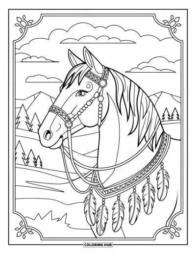 Coloriage de cheval pour adultes : Un cheval avec des plumes sur sa bride se tient dans un paysage montagneux