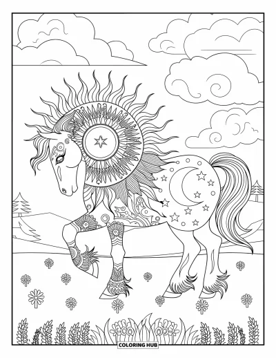 Coloriage de cheval pour adultes : Un cheval aux motifs chauds et froids se tient sous un ciel avec soleil et lune