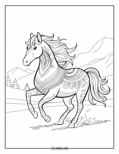 Coloriage de cheval pour adultes : Un cheval aux crins fluides et aux motifs mandala court près d'arbres et de montagnes