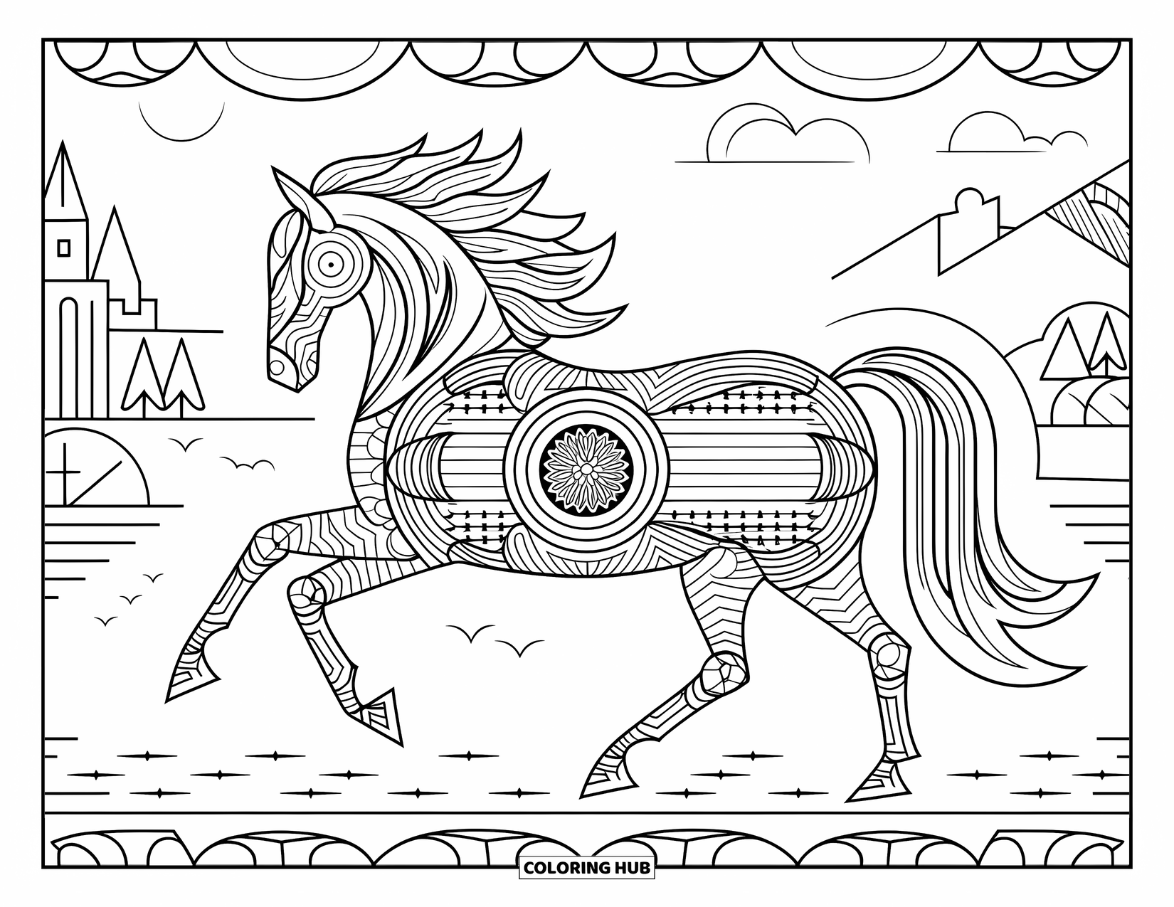 Paardenkleurplaat voor volwassenen: Een paard met geometrische patronen galoppeert langs een kasteel en een rivier
