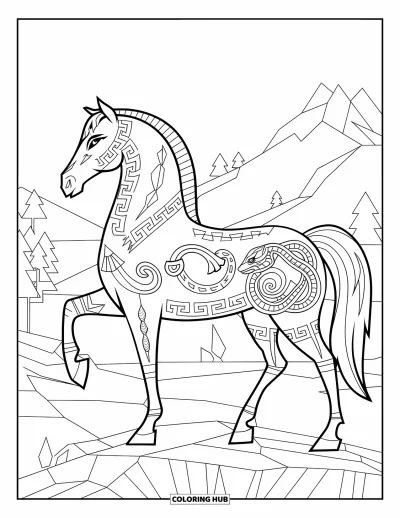 Coloriage de cheval pour adultes : Un cheval aux motifs grecs et nordiques se tient sur un terrain rocheux avec des montagnes derrière