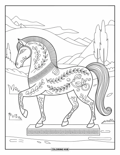 Coloriage de cheval pour adultes : Un cheval aux motifs grecs se tient sur une base de pierre dans un paysage serein