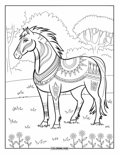 Coloriage de cheval pour adultes : Un cheval aux marques détaillées se tient parmi des fleurs et des arbres