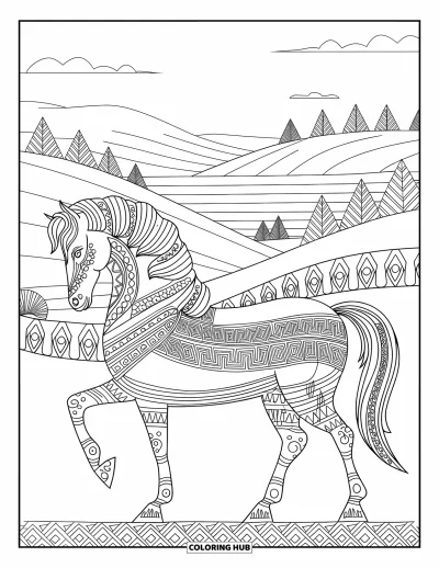 Coloriage de cheval pour adultes : Un cheval avec des motifs complexes inspirés de la mythologie se tient sur un champ rocheux