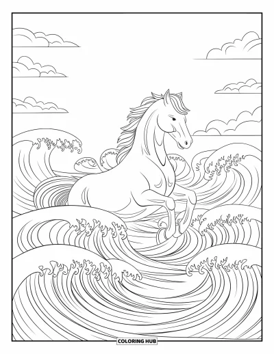 Coloriage de cheval pour adultes : Un cheval dont la crinière se transforme en vagues galope le long d'une côte rocheuse