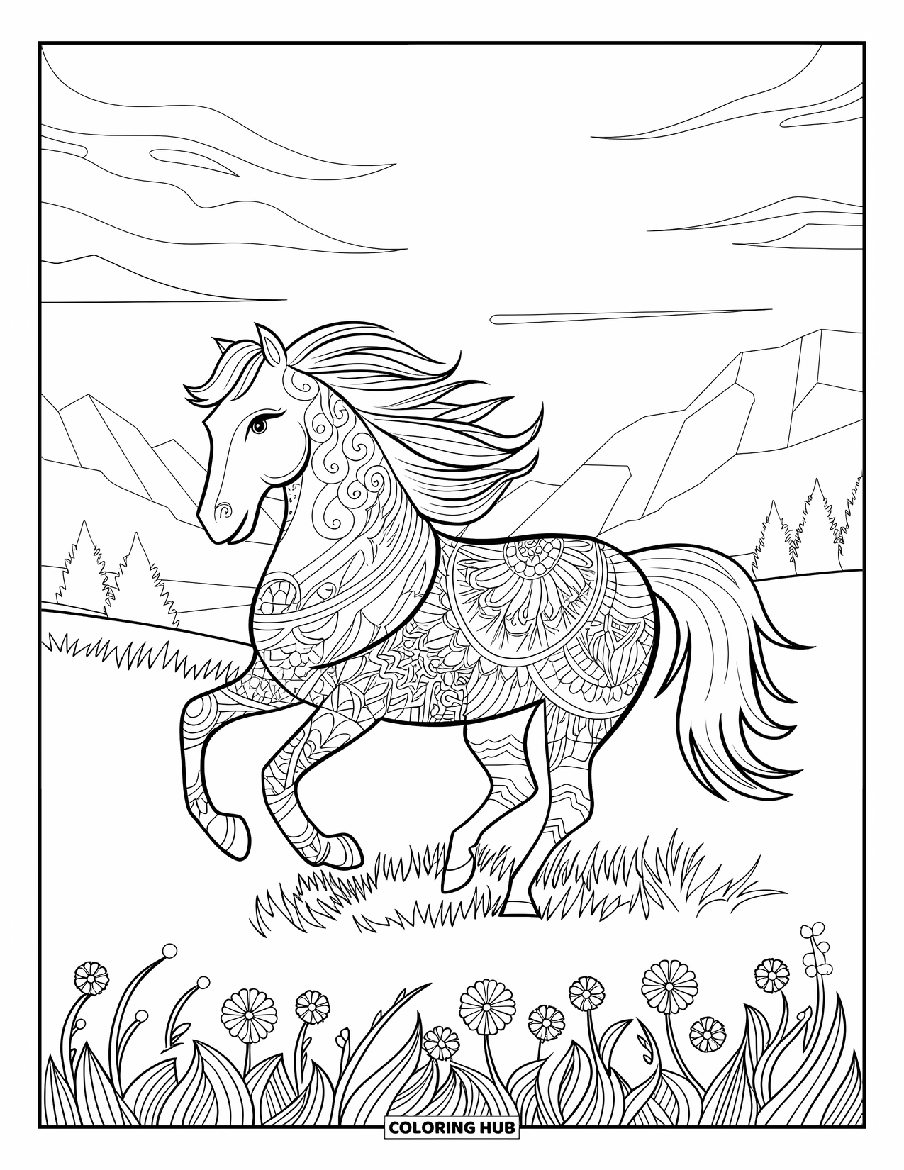 Paardenkleurplaat voor volwassenen: Een paard met mandala-patronen galoppeert door een bloemenveld