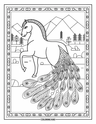 Coloriage de cheval pour adultes : Un cheval aux motifs inspirés du paon se tient parmi des montagnes et des arbres