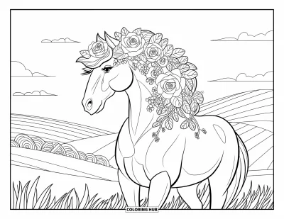 Coloriage de cheval pour adultes : Un cheval avec des roses dans la crinière se tient dans un champ avec quelques arbres