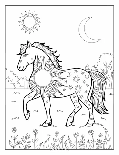 Coloriage de cheval pour adultes : Un cheval aux motifs solaires et lunaires se tient sous un ciel nuageux