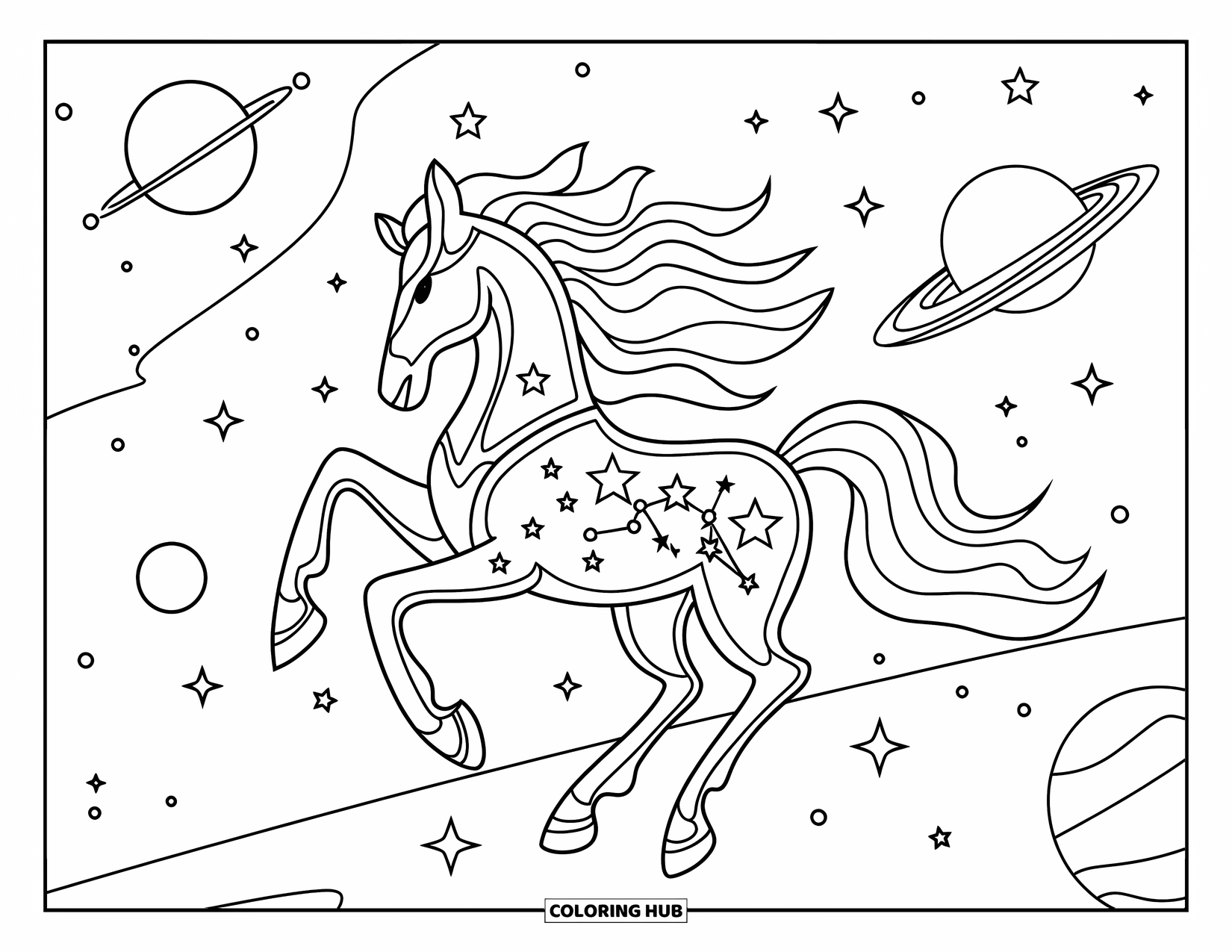 Paardenkleurplaat voor volwassenen: Een paard met sterren in zijn manen zweeft tussen sterrenbeelden en planeten