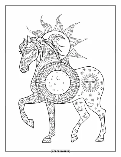 Coloriage de cheval pour adultes : Un cheval avec des motifs de soleil et de lune se tient sur un fond texturé
