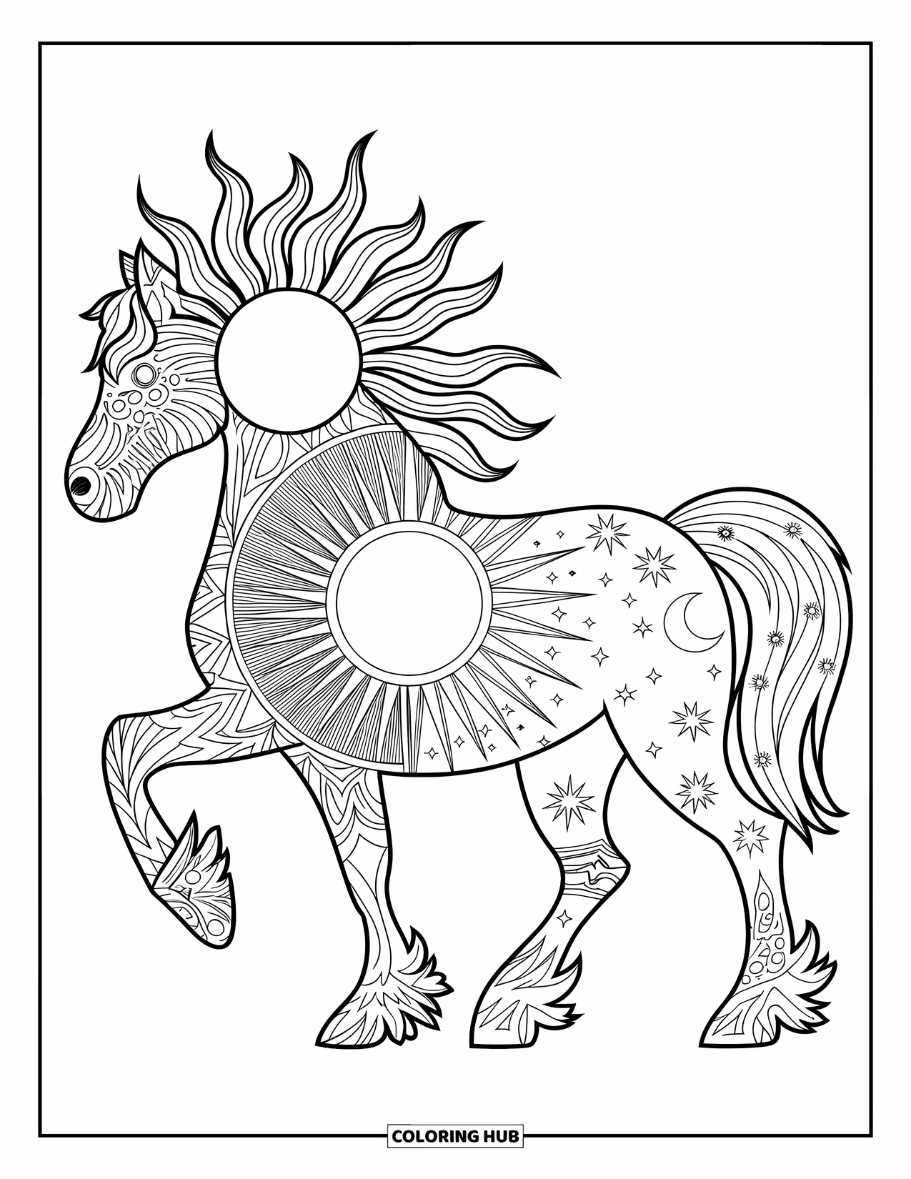 Paardenkleurplaat voor volwassenen: Een paard met patronen van zon en maan staat op een grasveld met bloemen