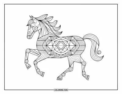 Coloriage de cheval pour adultes : Un cheval aux motifs symétriques galope sur un fond blanc