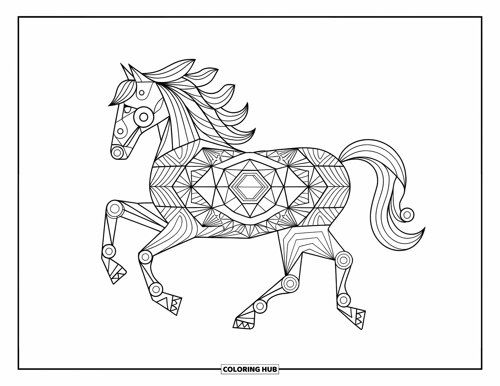 Paardenkleurplaat voor volwassenen: Een paard met symmetrische patronen galoppeert op een witte achtergrond