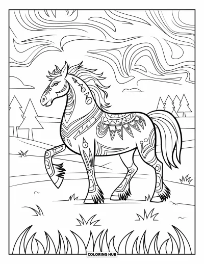 Coloriage de cheval pour adultes : Un cheval aux motifs tribaux se tient sur l'herbe avec des arbres en arrière-plan