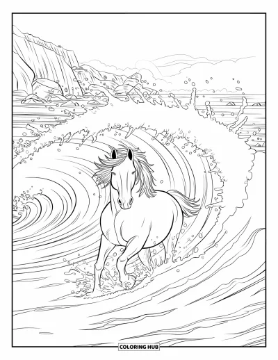 Coloriage de cheval pour adultes : Un cheval dont la crinière forme des vagues galope sur le rivage près de falaises et de brume